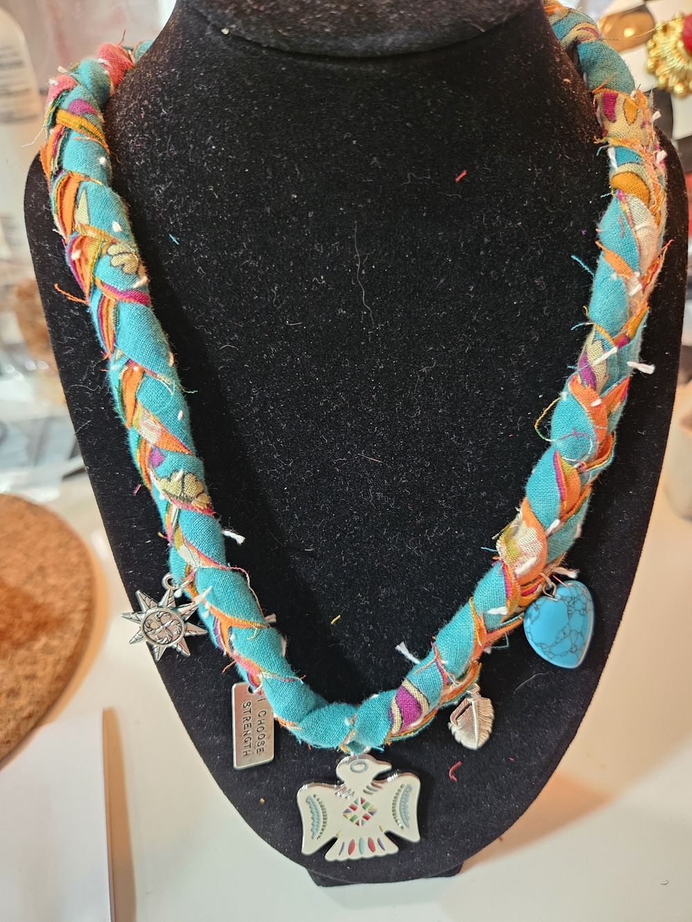 Turquoise Braided Kantha Fabric Charm Necklace with Silver Pendants